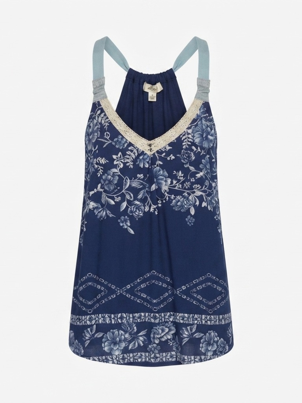 Rewind Navy Floral V‑Neck Camisole with Cream Lace and Light Blue Straps